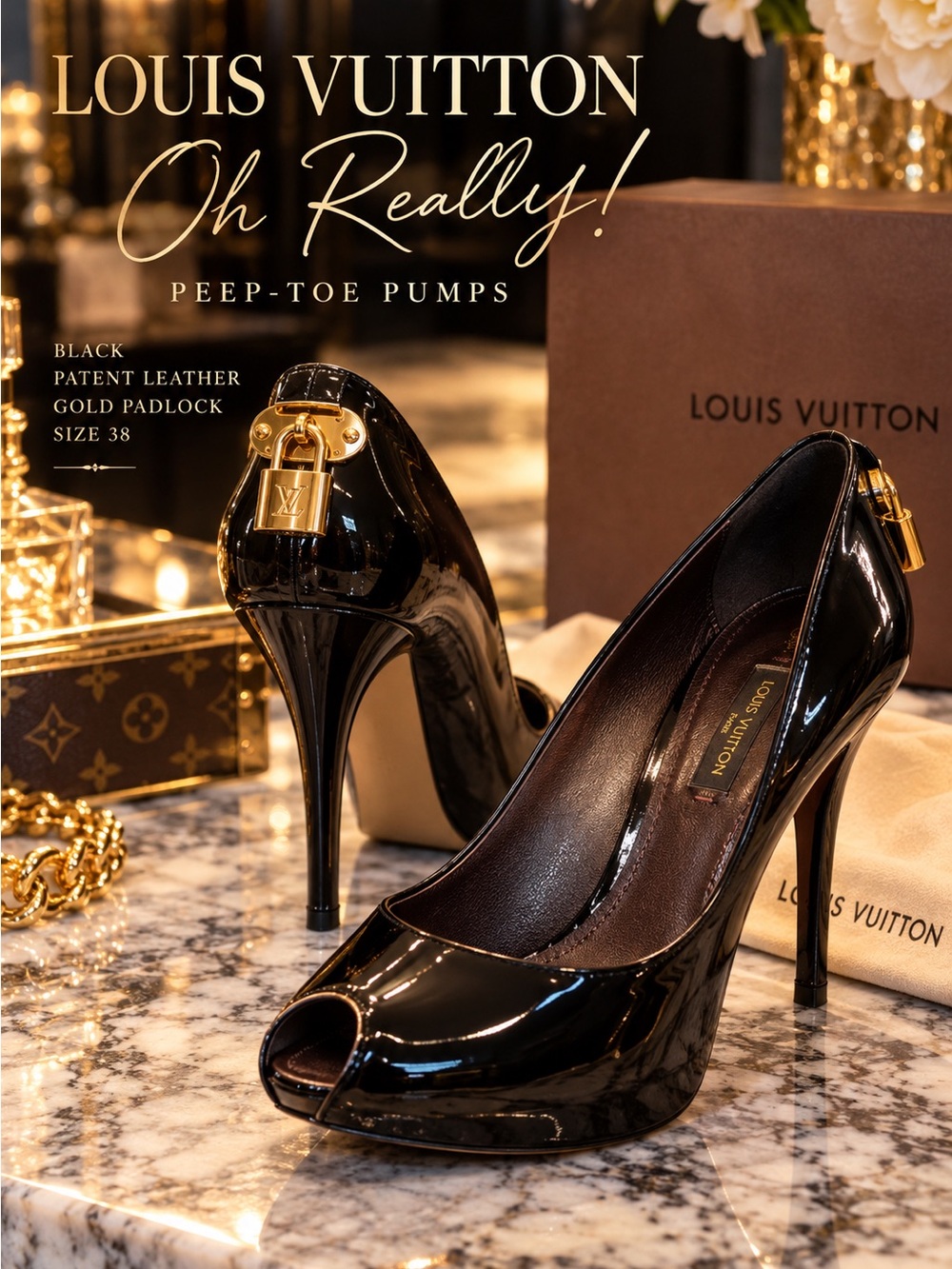 Louis Vuitton Oh Really! Black Patent Leather Padlock Peep Toe Pumps 38